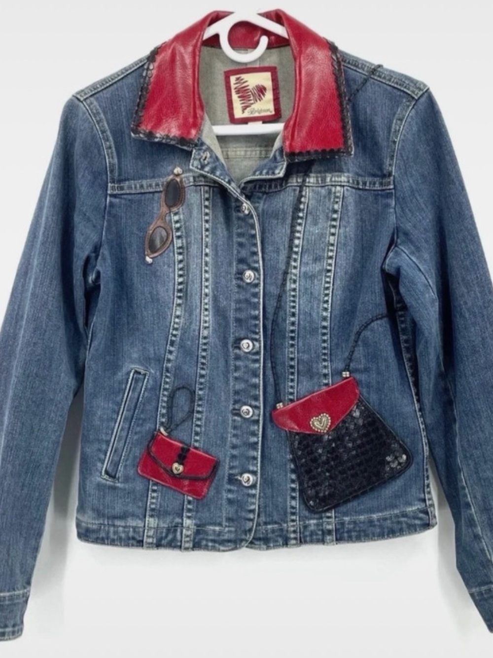 Medium Brighton Vintage Women's Denim Jacket, Genuine Leather Accents, Hearts